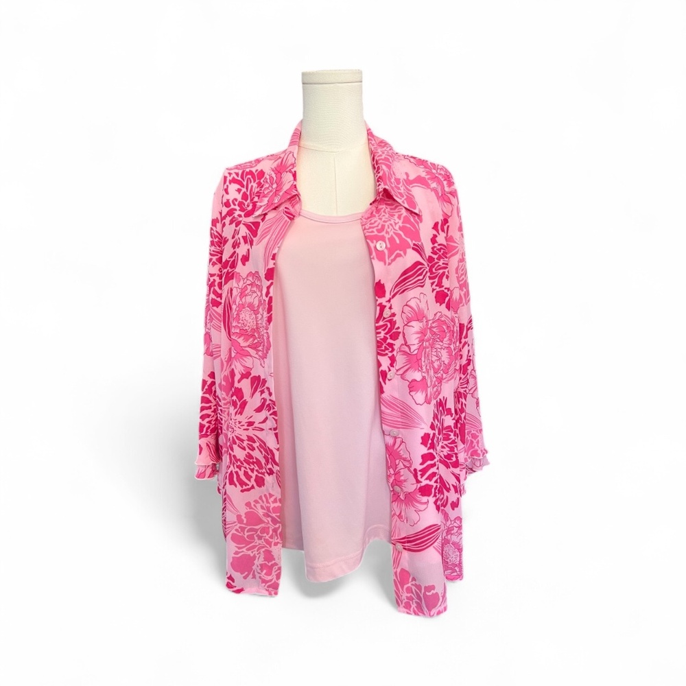💗🌸 EUC WHITE STAG PLUS Pink Tank & Floral Blouse Set | Sz 18W/20W - Picture 1 of 7